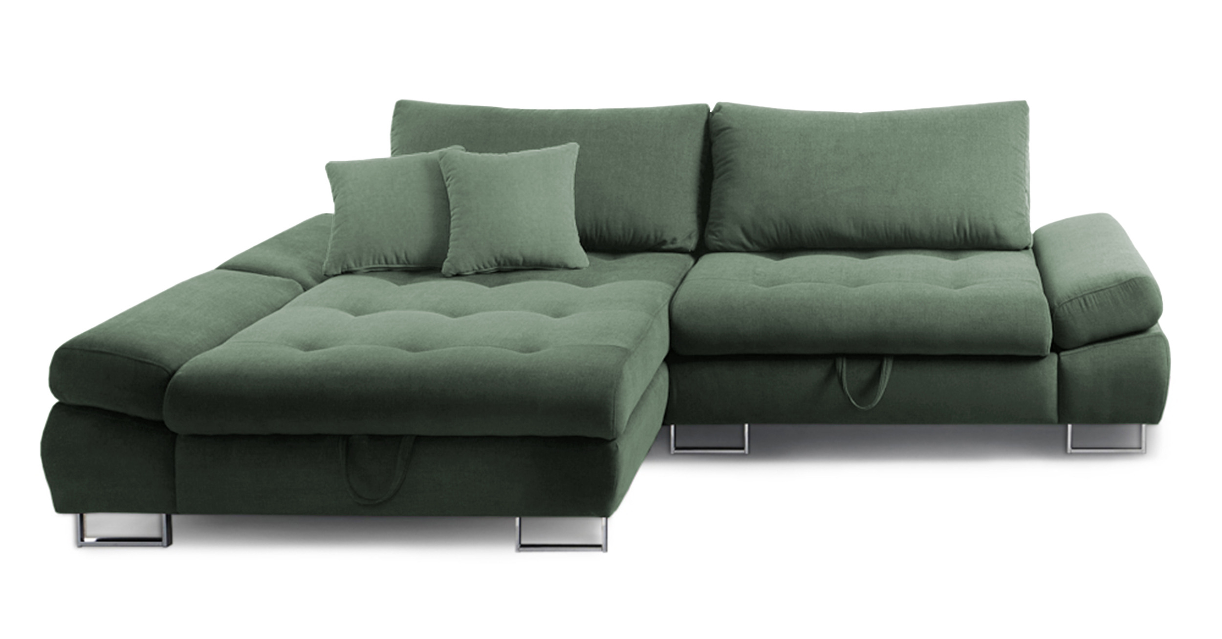 Narożnik z funkcją spania Novella z pojemnikiem zielony w tkaninie hydrofobowej plecionka prawostronny - zdjęcie 1