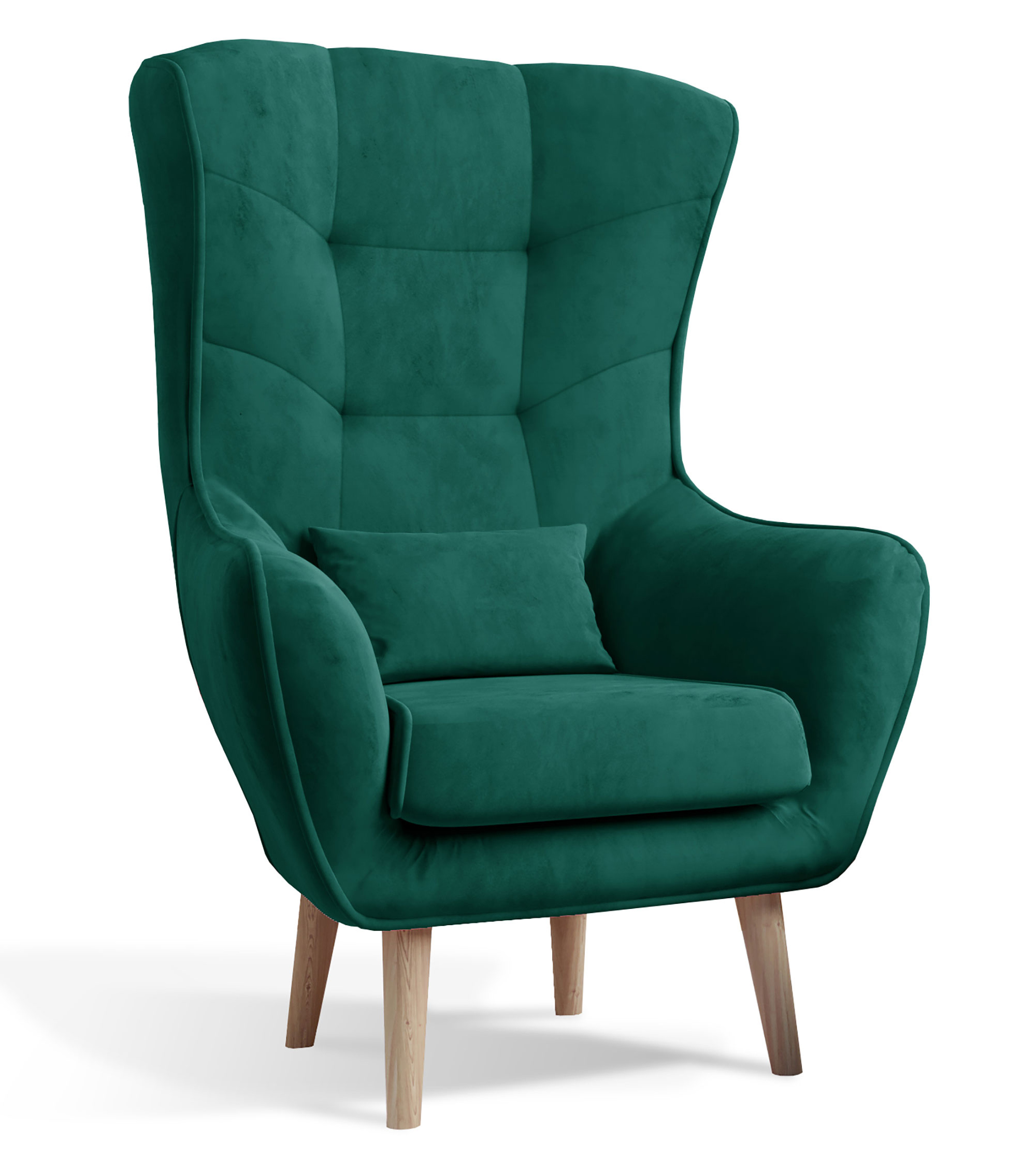 Fotel uszak Tices pikowany na drewnianych nogach zielony welwet hydrofobowy - zdjęcie 1