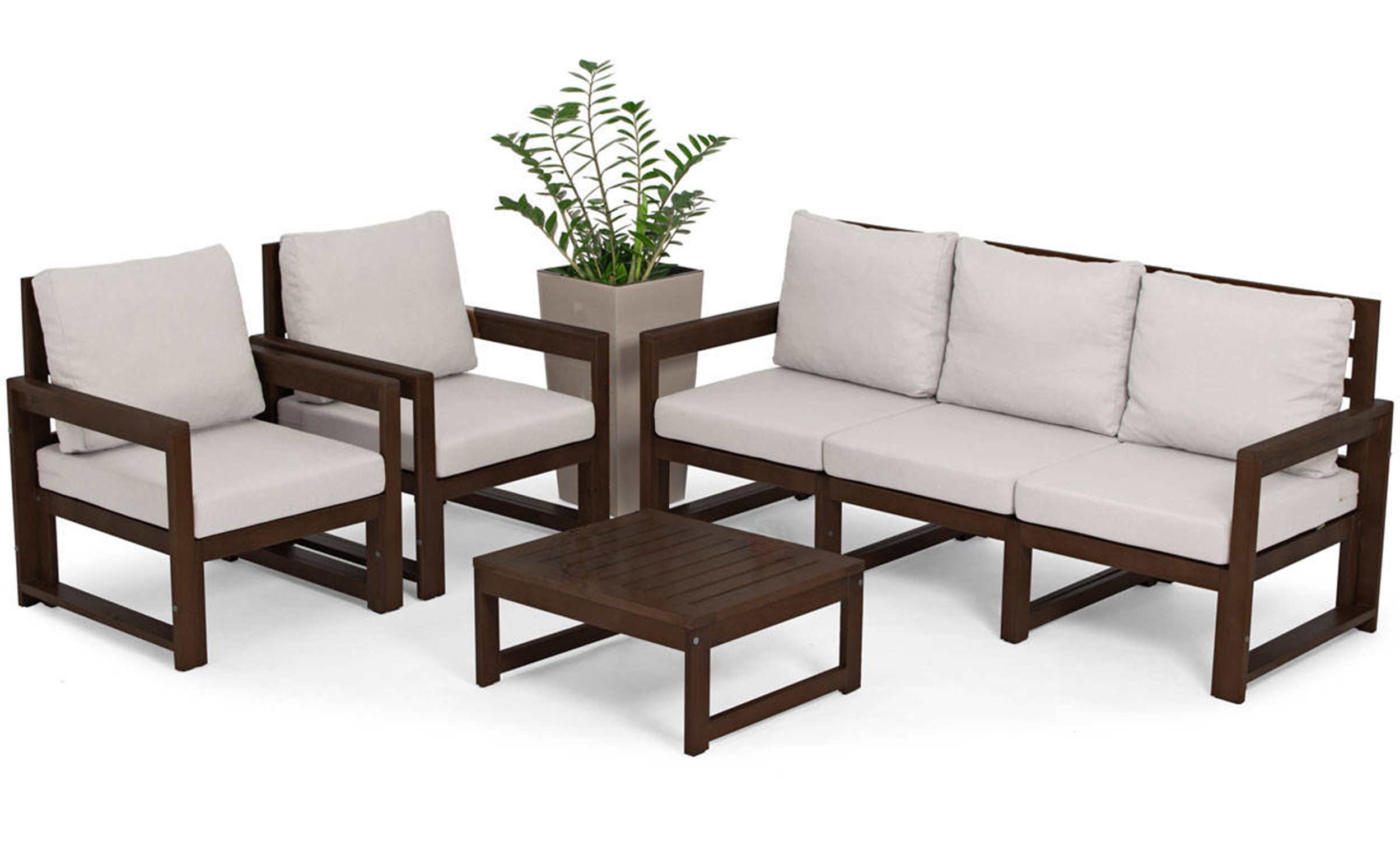 Zestaw mebli ogrodowych Ritalous z trzyosobową sofą, dwoma fotelami i stolikiem kawowym drewniany ciemnobrązowy/jasnoszary - zdjęcie 1