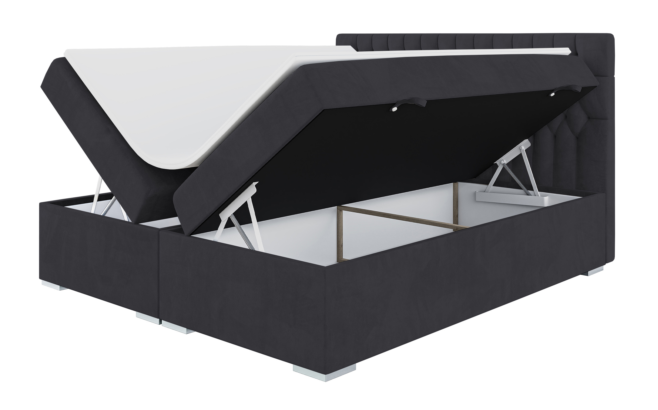 Łóżko kontynentalne 140x200 cm Persival z pojemnikami i topperem ciemnoszare welur - zdjęcie 1