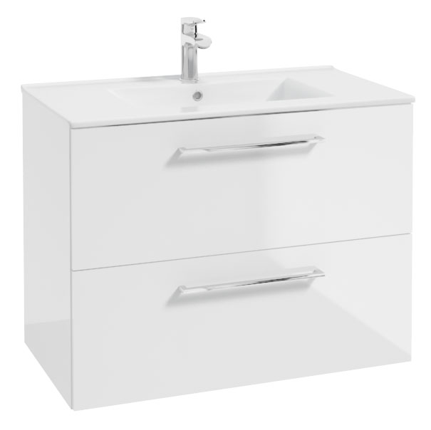 Szafka z umywalką Modullac 80 cm biały połysk z dwiema szufladami i srebrnym uchwytem - zdjęcie 1