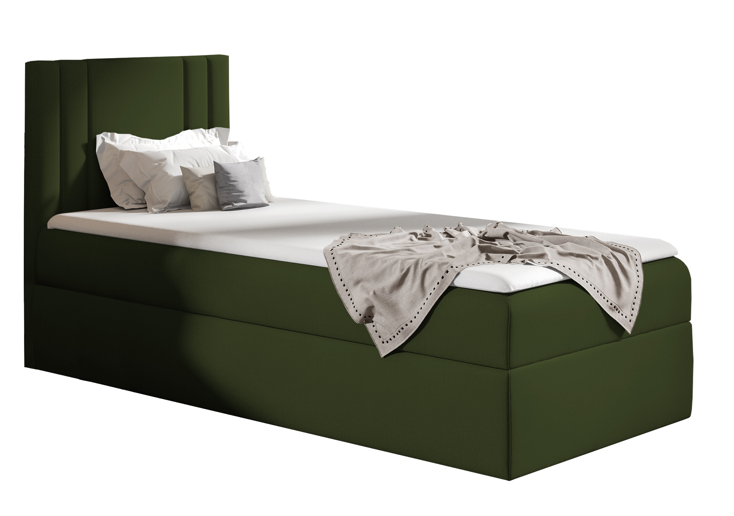 Łóżko kontynentalne jednosobowe Dulmo Mini 80x200 cm z pojemnikiem i topperem oliwkowe hydrofobowe lewostronne - zdjęcie 1