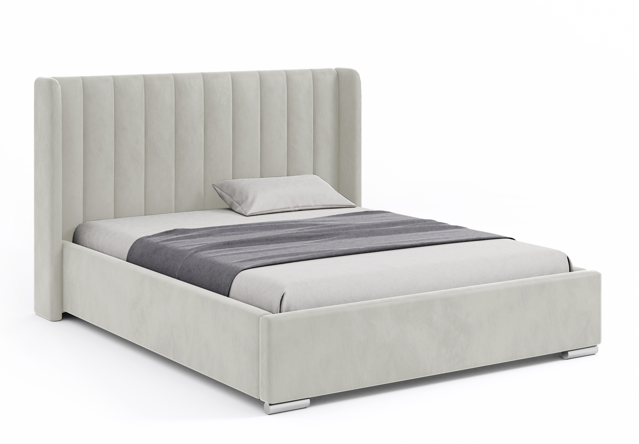 Łóżko tapicerowane 160x200 cm Estelio z pojemnikiem stelaż metalowy kremowe welur - zdjęcie 1