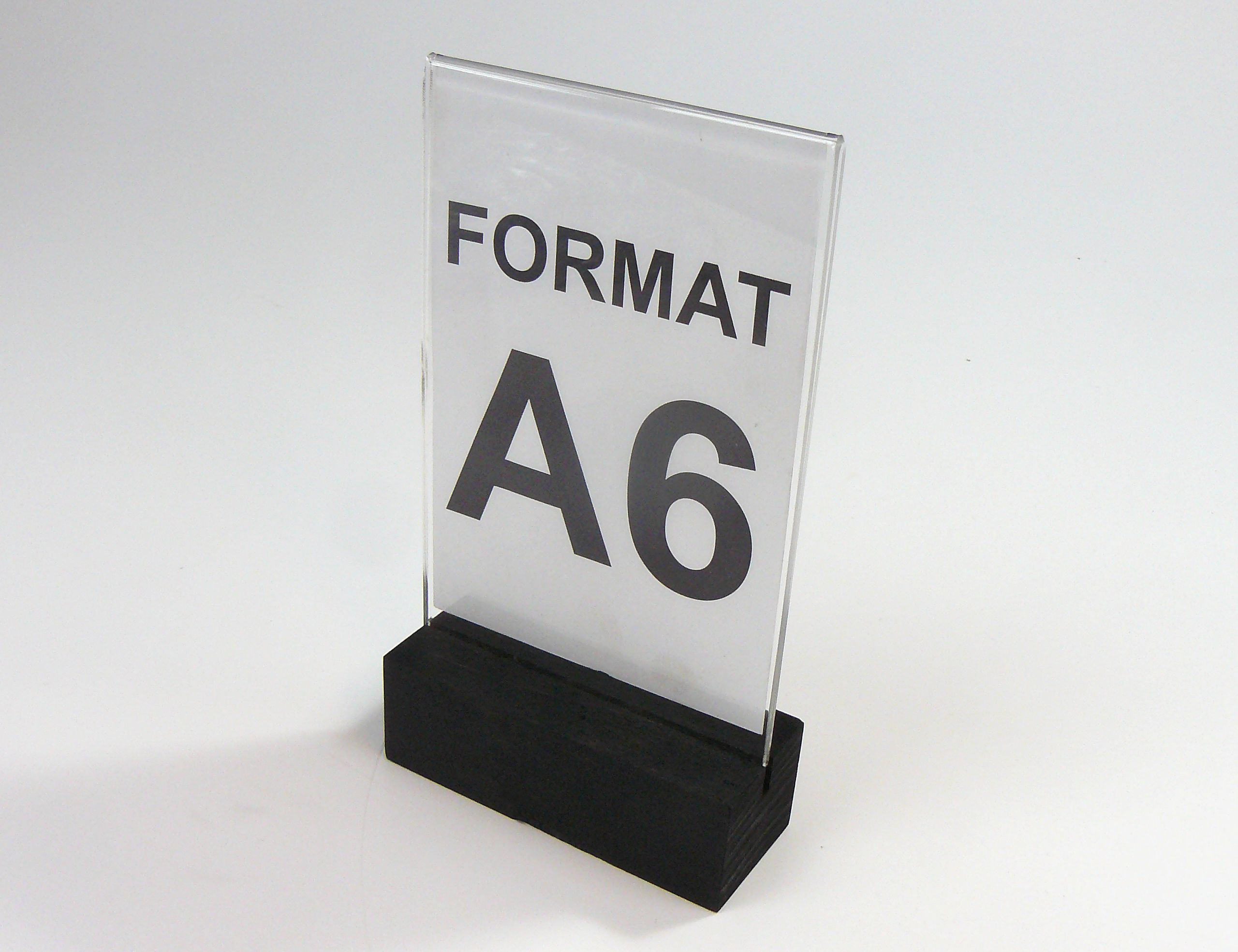 stojak na menu ulotkę z plexi z drewnianą podstawką A6